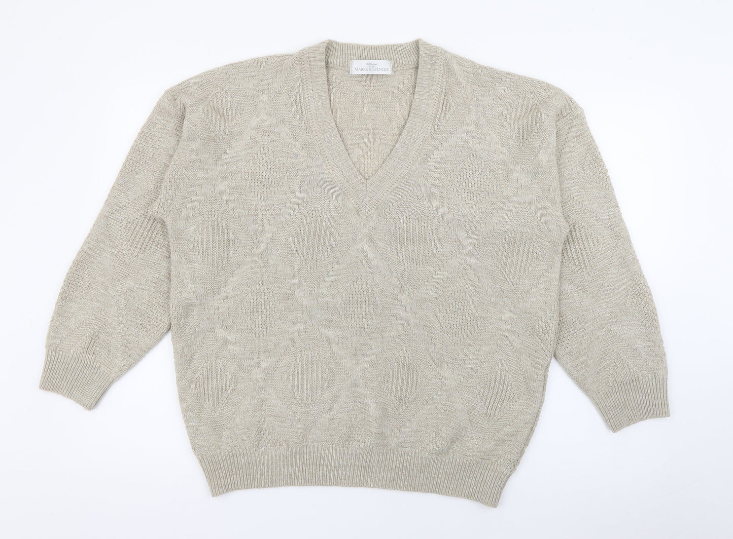 Marks and Spencer Mens Beige V-Neck  Acrylic Pullover Jumper Size M