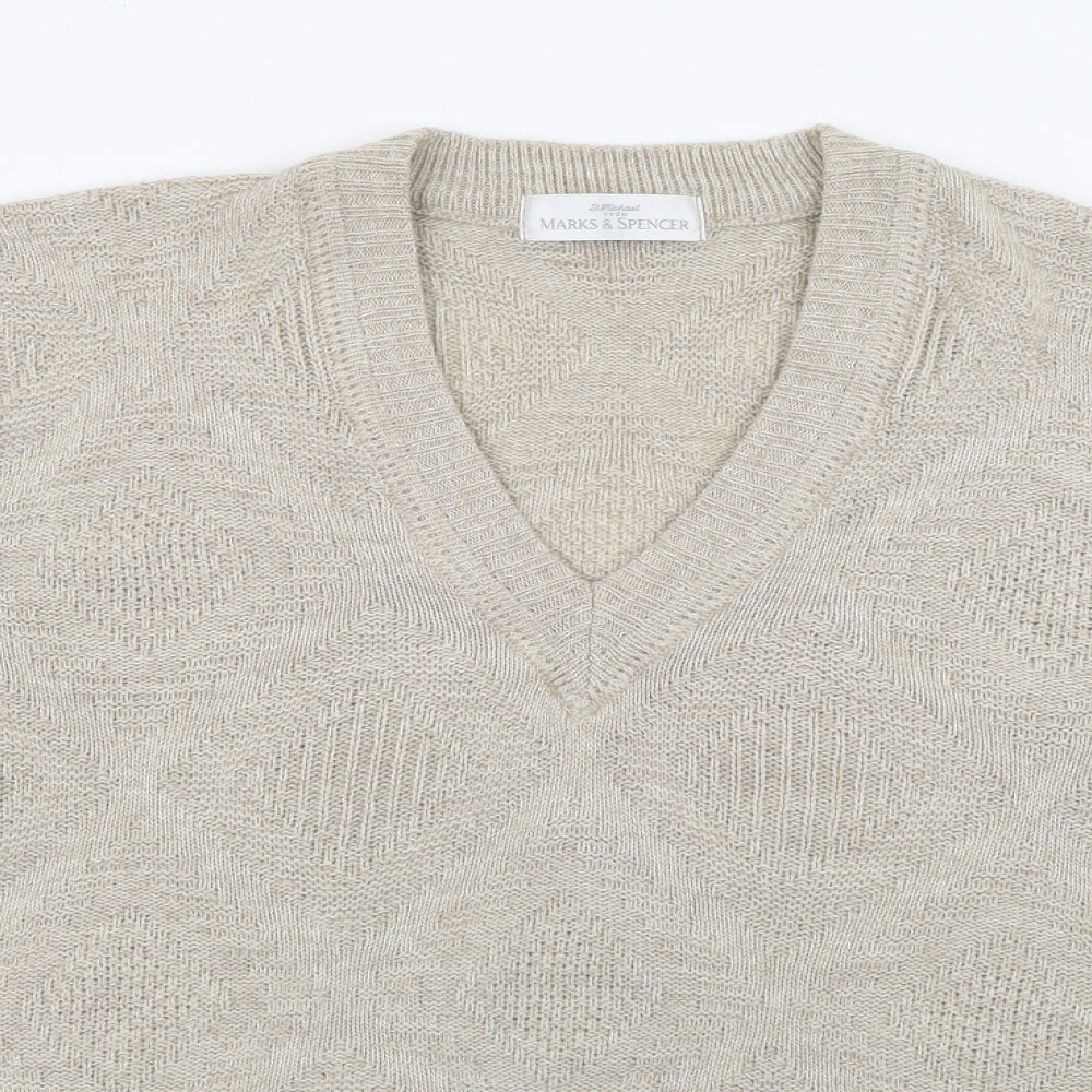 Marks and Spencer Mens Beige V-Neck  Acrylic Pullover Jumper Size M