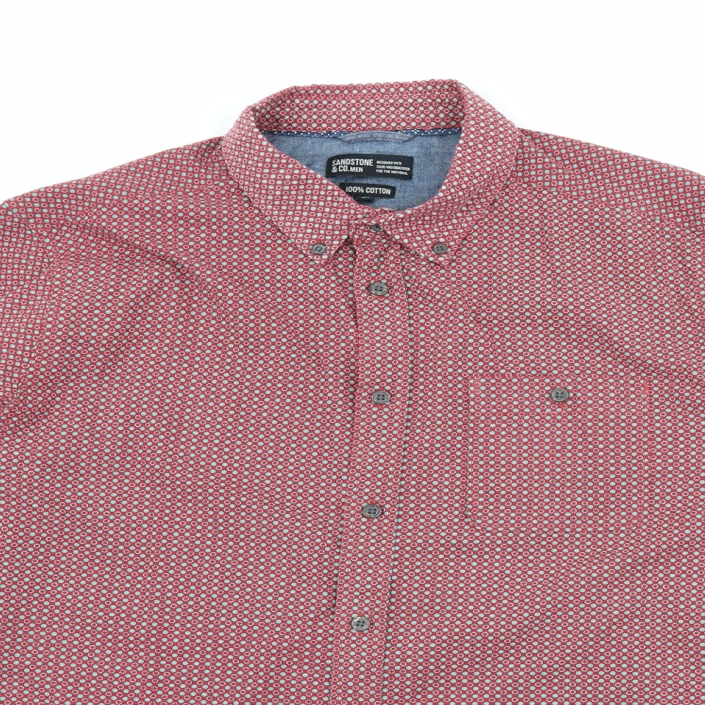 Sandstone & Co Mens Red Geometric Cotton  Button-Up Size M Collared Button