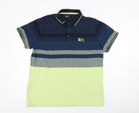 Usath Mens Blue Striped Cotton  Polo Size L Collared Button