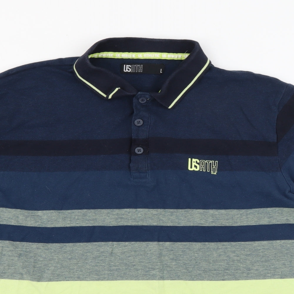 Usath Mens Blue Striped Cotton  Polo Size L Collared Button