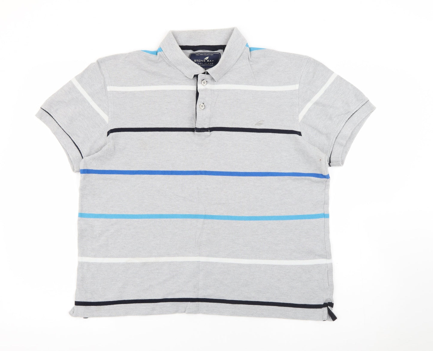 Stone Bay Mens Grey Striped Cotton  Polo Size M Collared Button