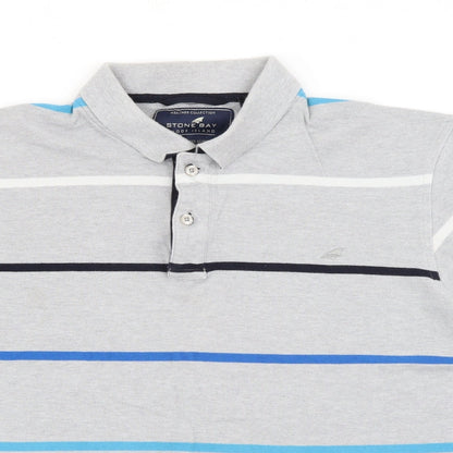 Stone Bay Mens Grey Striped Cotton  Polo Size M Collared Button