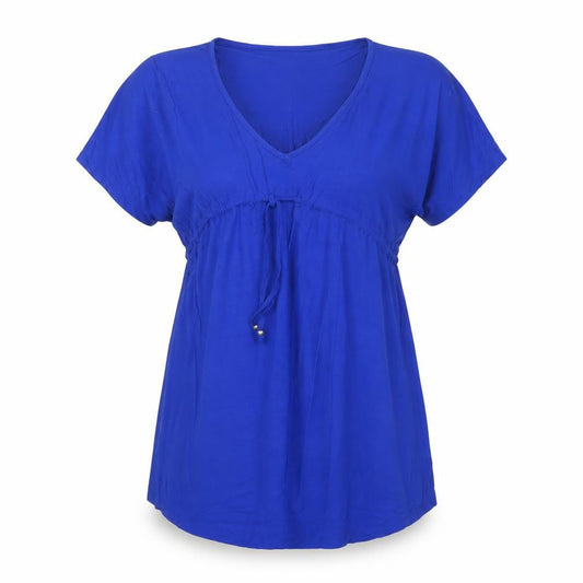 Front view of Dunnes women’s blue viscose t-shirt dress, size S, v-neck drawstring