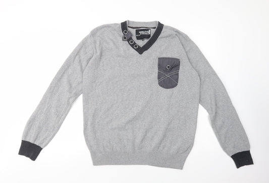 Henleys Mens Grey V-Neck  Cotton Pullover Jumper Size L