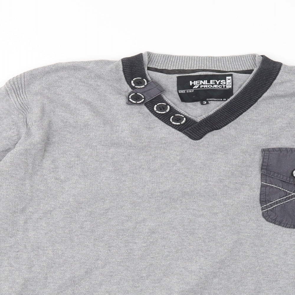 Henleys Mens Grey V-Neck  Cotton Pullover Jumper Size L