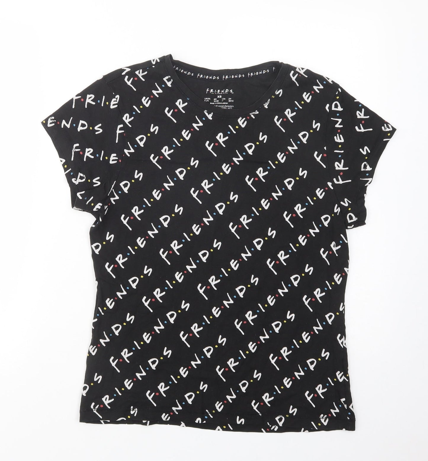 Primark Womens Black Geometric Cotton Basic T-Shirt Size XS Crew Neck - Friends