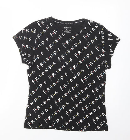 Primark Womens Black Geometric Cotton Basic T-Shirt Size XS Crew Neck - Friends