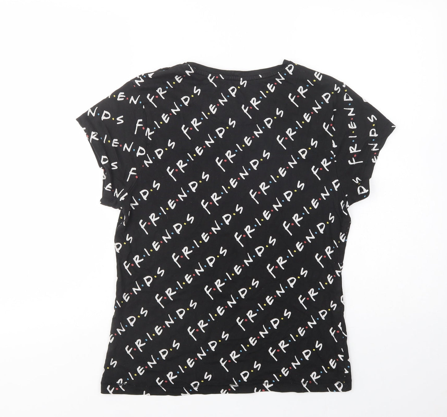 Primark Womens Black Geometric Cotton Basic T-Shirt Size XS Crew Neck - Friends