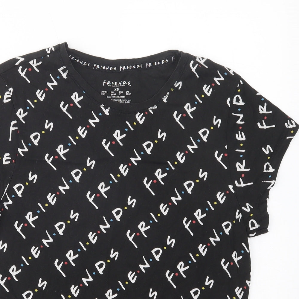 Primark Womens Black Geometric Cotton Basic T-Shirt Size XS Crew Neck - Friends