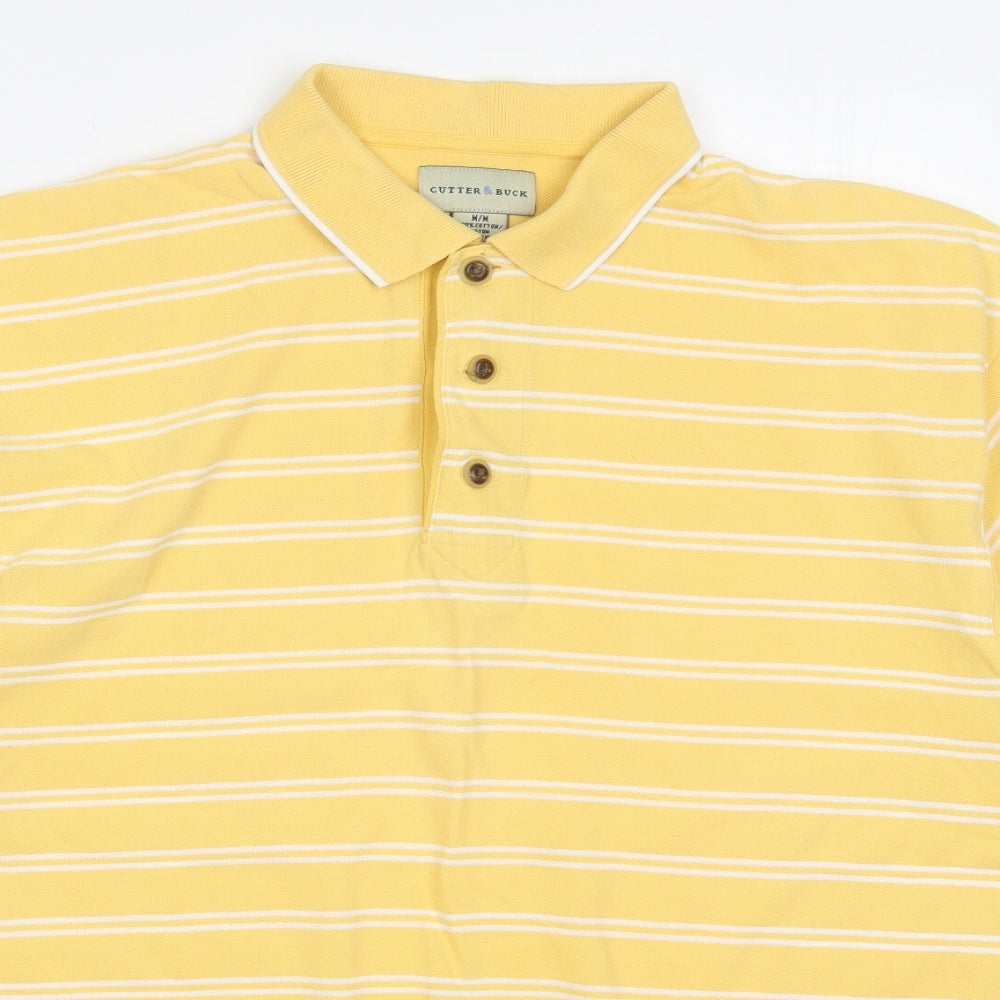 Cutter & Buck Mens Yellow Striped Cotton  Polo Size M Collared Pullover