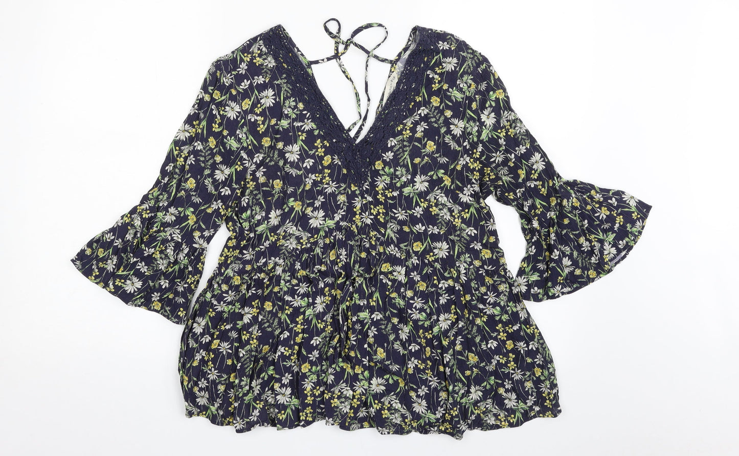 F&F Womens Blue Floral Viscose Basic Blouse Size 8 V-Neck - Tie