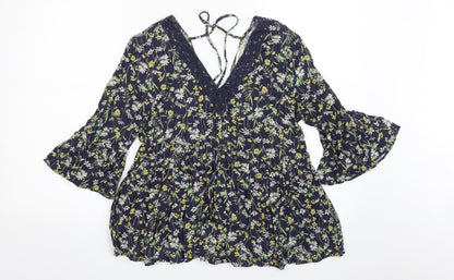 F&F Womens Blue Floral Viscose Basic Blouse Size 8 V-Neck - Tie