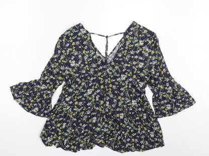 F&F Womens Blue Floral Viscose Basic Blouse Size 8 V-Neck - Tie