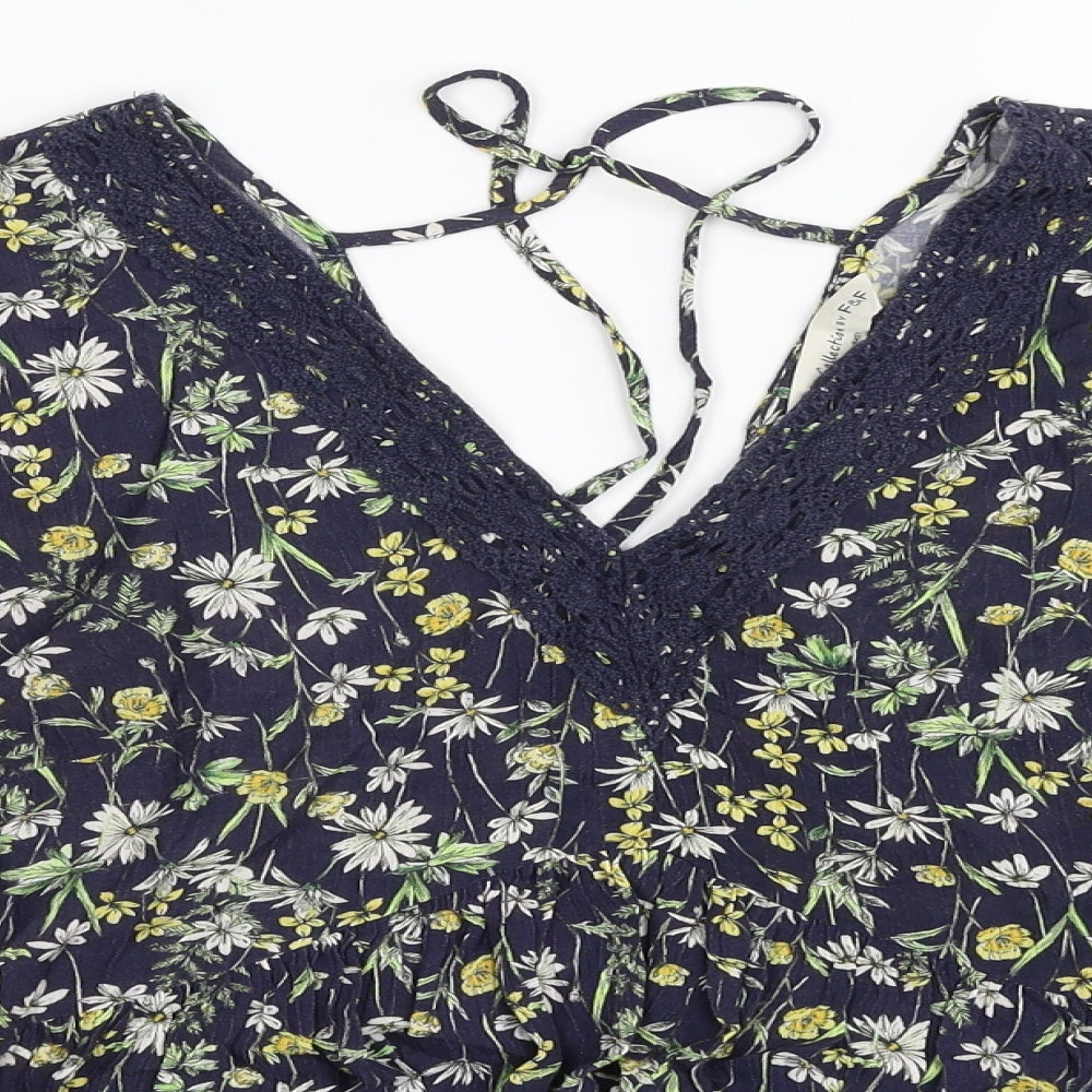F&F Womens Blue Floral Viscose Basic Blouse Size 8 V-Neck - Tie