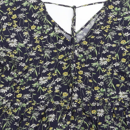 F&F Womens Blue Floral Viscose Basic Blouse Size 8 V-Neck - Tie