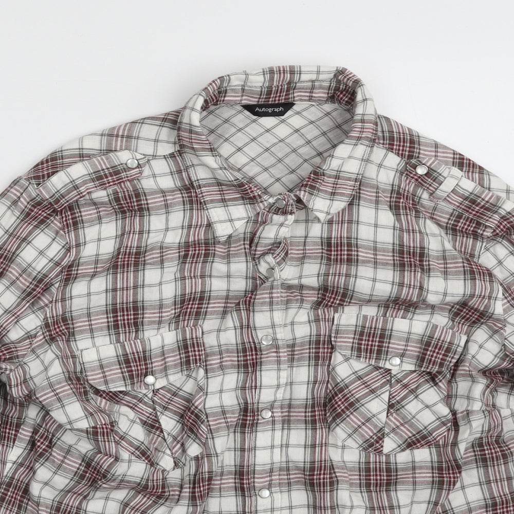 Autograph Womens Grey Plaid 100% Cotton Basic Button-Up One Size Collared