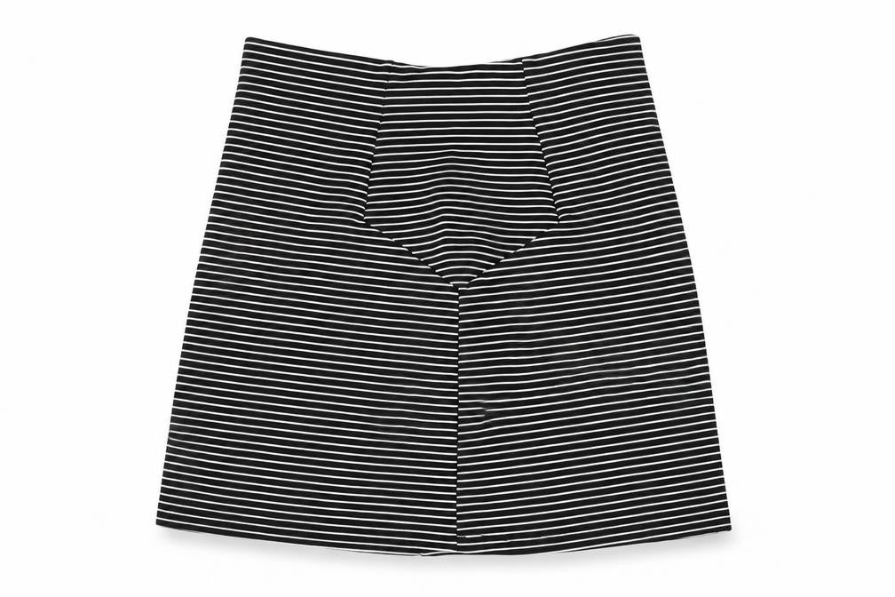 Front view of Topshop women’s black striped polyester a-line skirt, size UK 10, zip