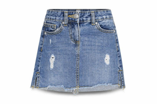 Front view of Matalan girls’ blue 100% cotton a-line skirt, size 4, years slim zip - distressed