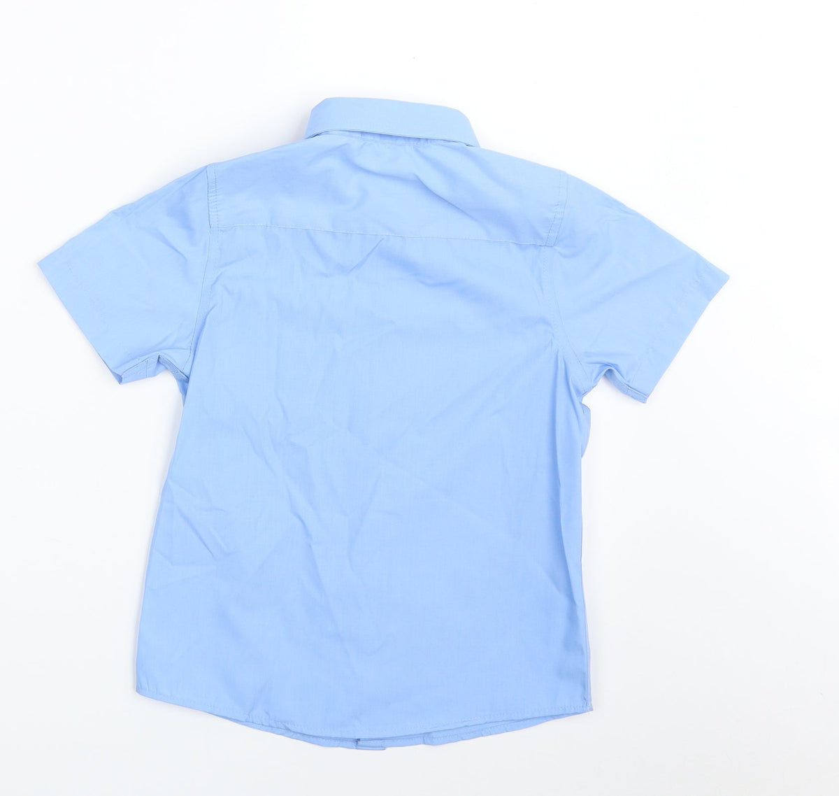 Back view of Tu boys’ blue polyester basic button-up, size 7, years collared button