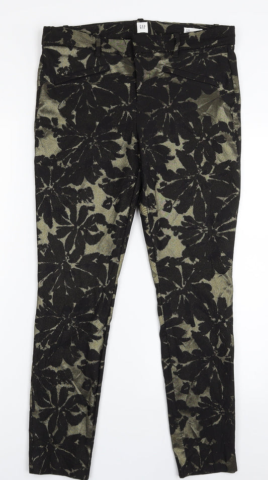 Gap Womens Gold Floral Polyester Chino Trousers Size 8 L27 in Slim Zip - Skinny Ankle