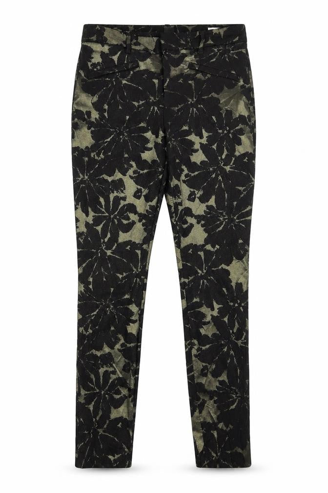 Front view of Gap women’s gold floral polyester chino trousers, size UK 8, 27-inch leg slim zip - skinny ankle
