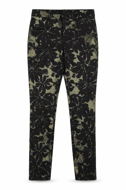 Front view of Gap women’s gold floral polyester chino trousers, size UK 8, 27-inch leg slim zip - skinny ankle
