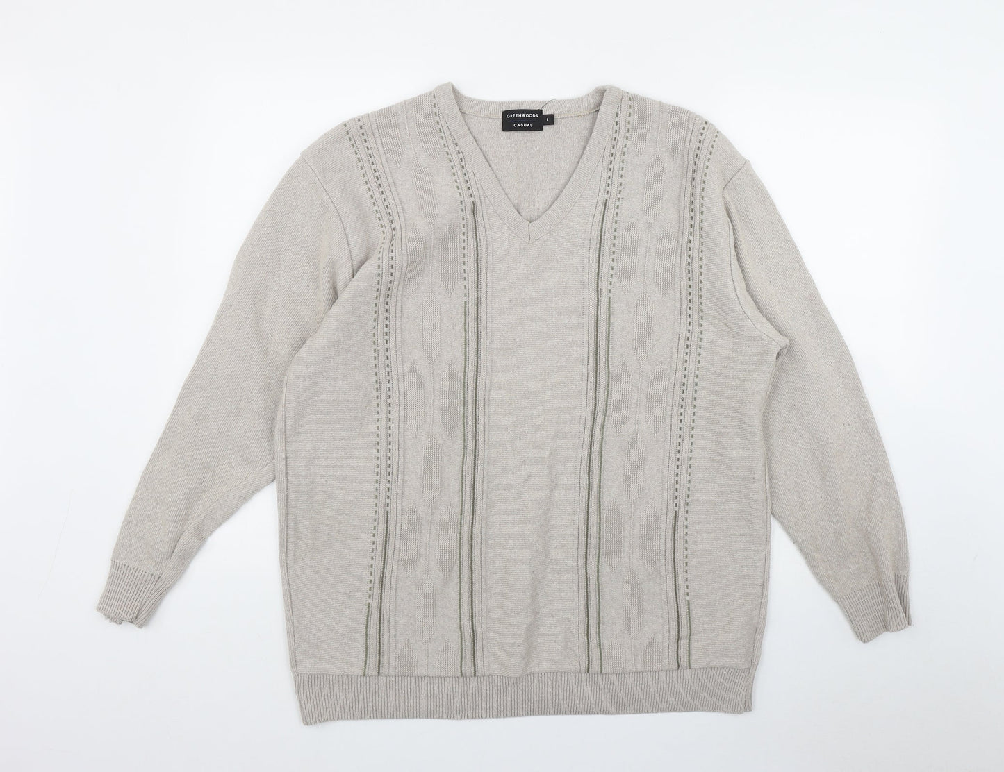 Greenwoods Casual Mens Beige V-Neck  Cotton Pullover Jumper Size L