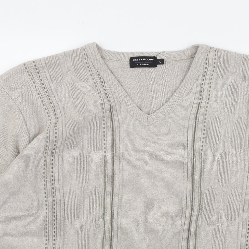 Greenwoods Casual Mens Beige V-Neck  Cotton Pullover Jumper Size L