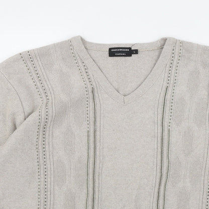 Greenwoods Casual Mens Beige V-Neck  Cotton Pullover Jumper Size L