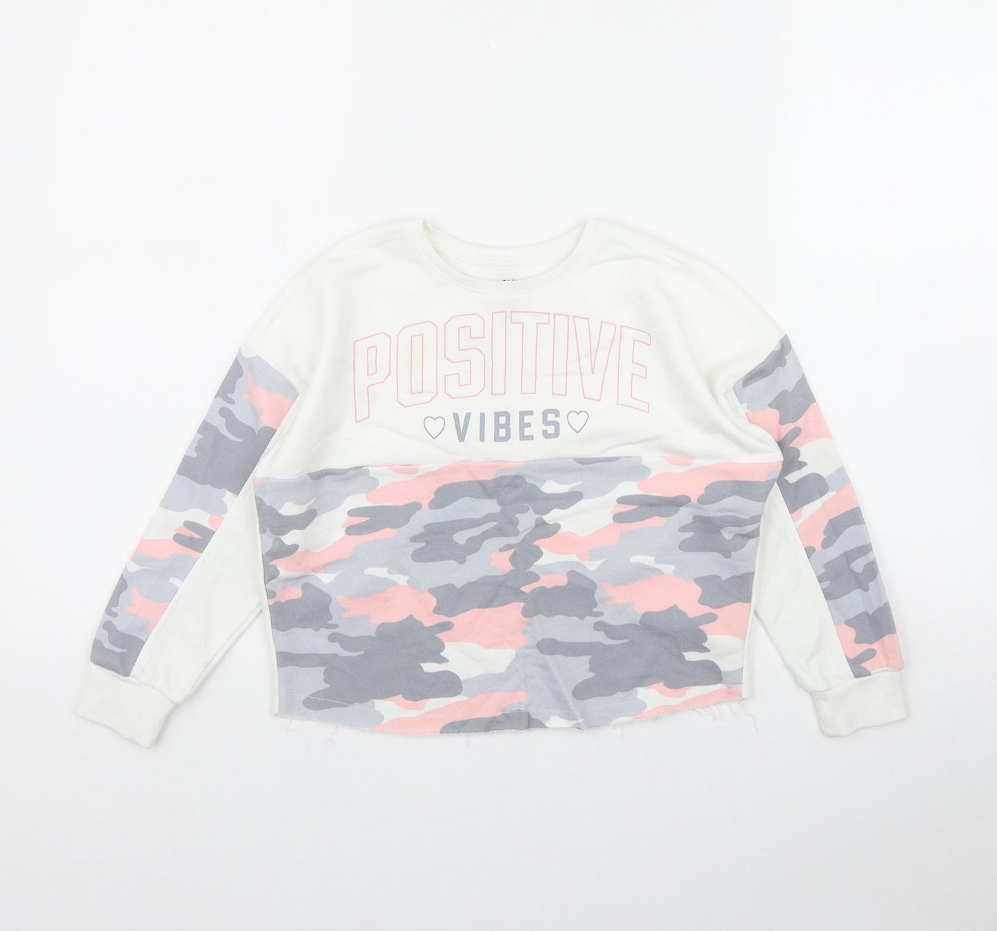 F&F Girls White Camouflage Cotton Pullover Sweatshirt Size 6-7 Years   - 'Positive Vibes'