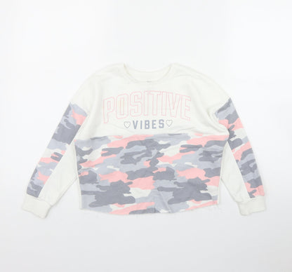 F&F Girls White Camouflage Cotton Pullover Sweatshirt Size 6-7 Years   - 'Positive Vibes'