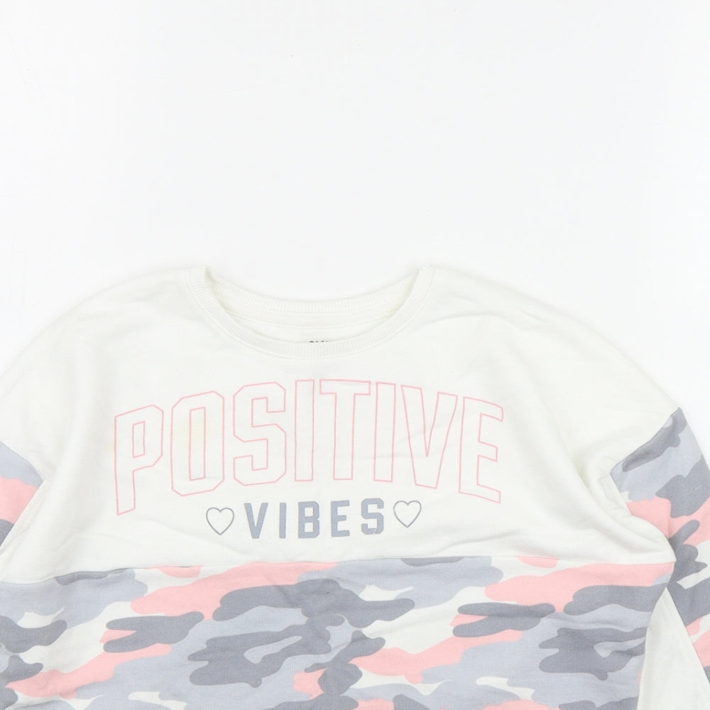 F&F Girls White Camouflage Cotton Pullover Sweatshirt Size 6-7 Years   - 'Positive Vibes'
