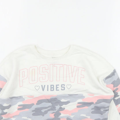 F&F Girls White Camouflage Cotton Pullover Sweatshirt Size 6-7 Years   - 'Positive Vibes'