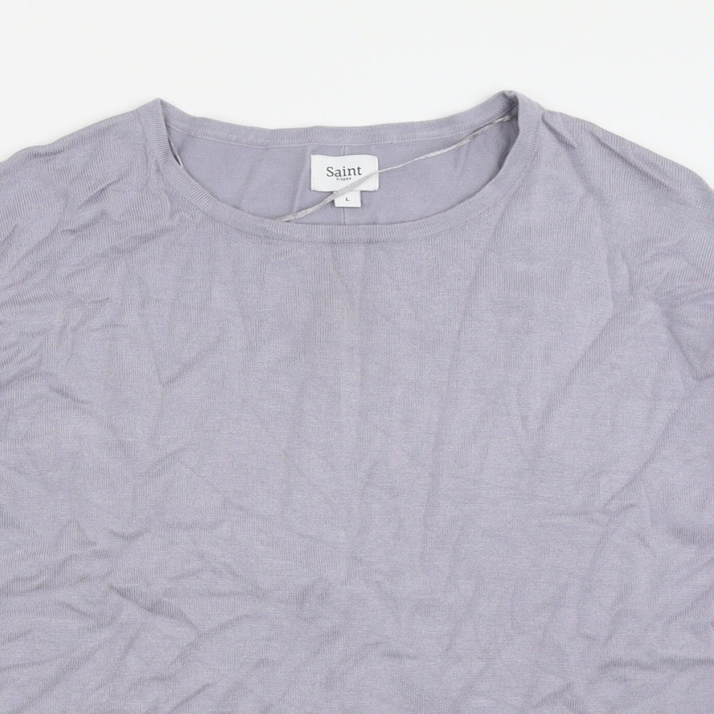 Close-up detail of Saint women’s purple crew neck viscose jumper, size L
