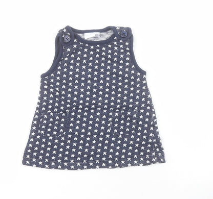 Bluezoo Baby Blue  100% Cotton Pinafore/Dungaree Dress  Size 3-6 Months  Boat Neck Button - Stars