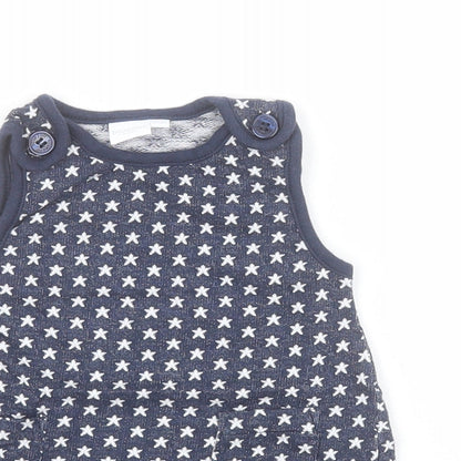 Bluezoo Baby Blue  100% Cotton Pinafore/Dungaree Dress  Size 3-6 Months  Boat Neck Button - Stars