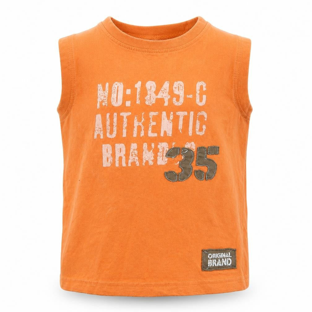Front view of Next boys’ orange cotton basic tank, size 4, years round neck pullover - original brand