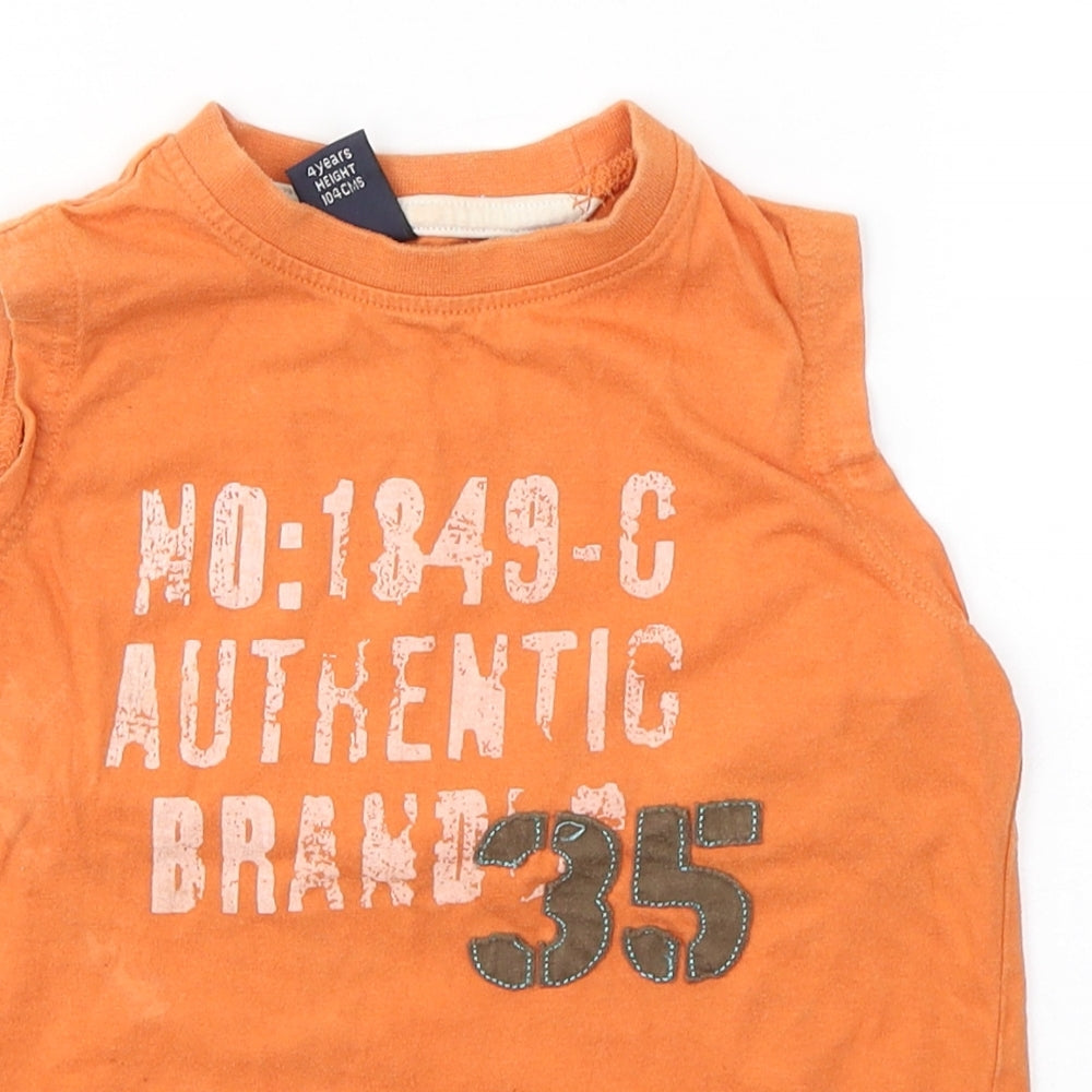 Close-up detail of Next boys’ orange cotton basic tank, size 4, years round neck pullover - original brand