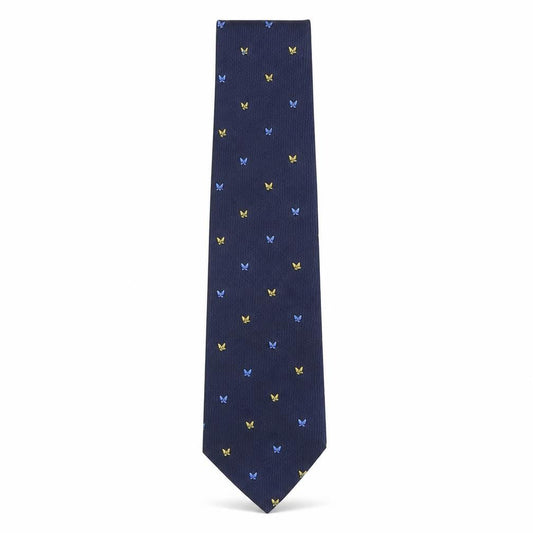 Front view of Beaufort men’s multicoloured geometric silk pointed tie one size - butteflies