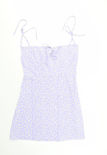 SheIn Womens Purple Floral Cotton Mini  Size L  Square Neck Zip