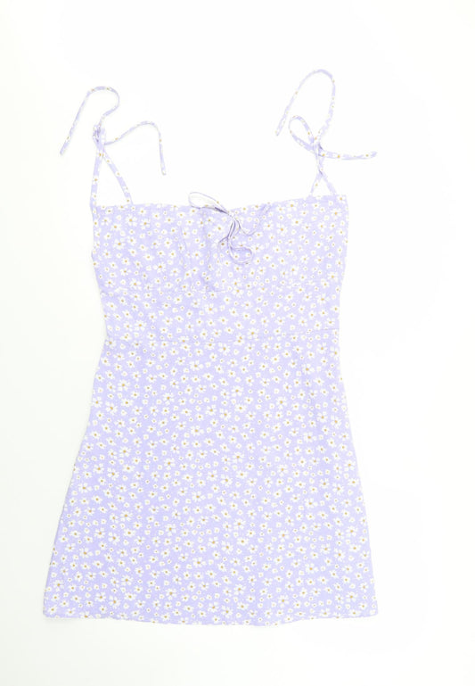 SheIn Womens Purple Floral Cotton Mini  Size L  Square Neck Zip