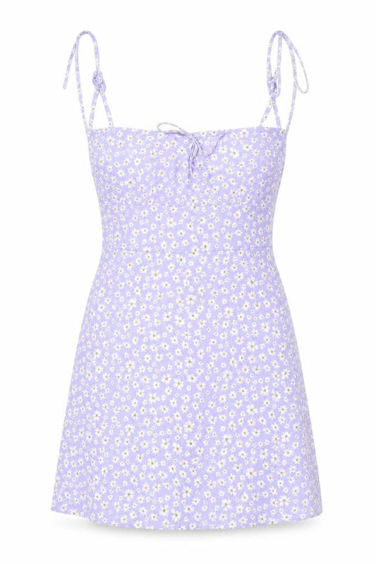 Front view of SHEIN women’s purple floral cotton mini, size L, square neck zip
