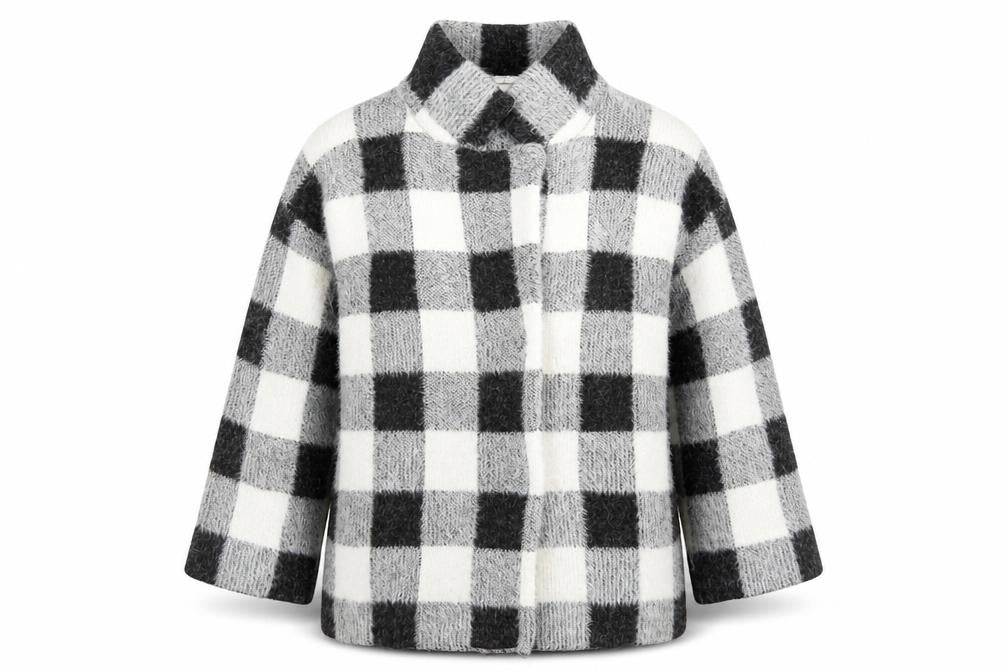 Front view of Primark women’s grey check jacket coatigan, size M, snap
