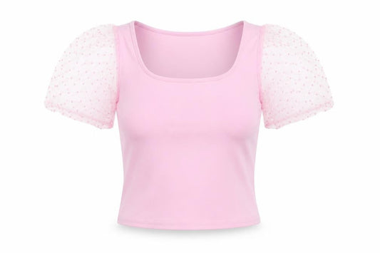 Front view of Quiz women’s pink polyester cropped blouse, size UK 8, square neck