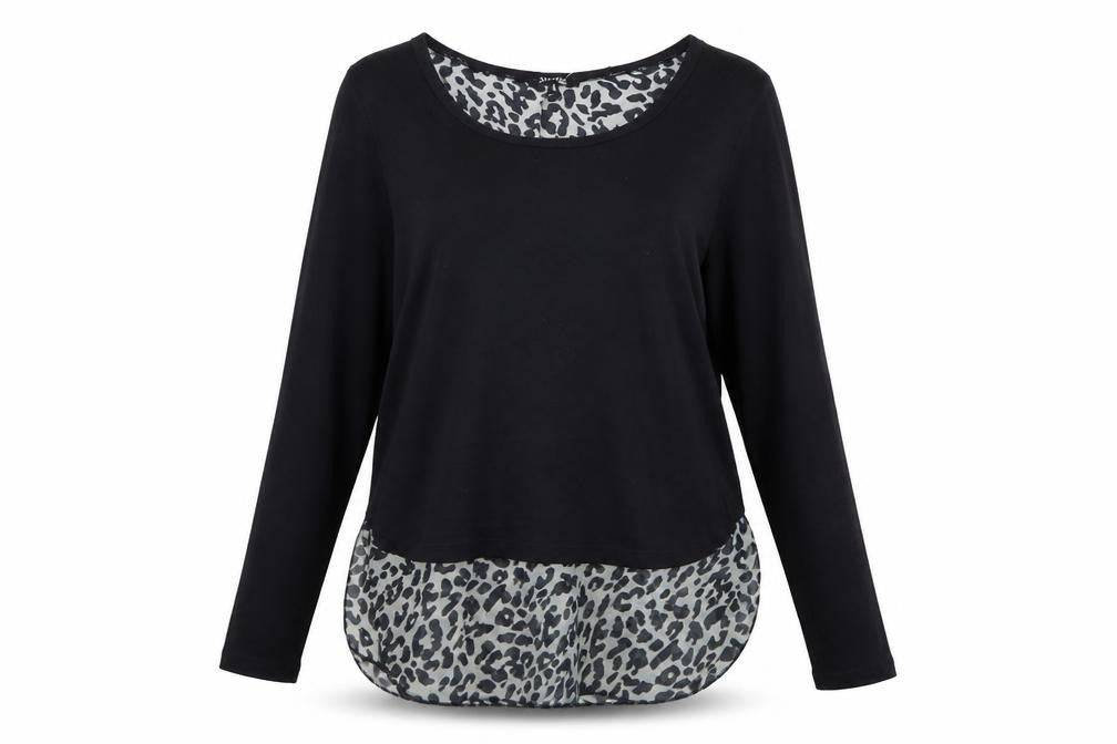 Front view of Stella Morgan women’s black crew neck animal print cotton jumper, size UK 8