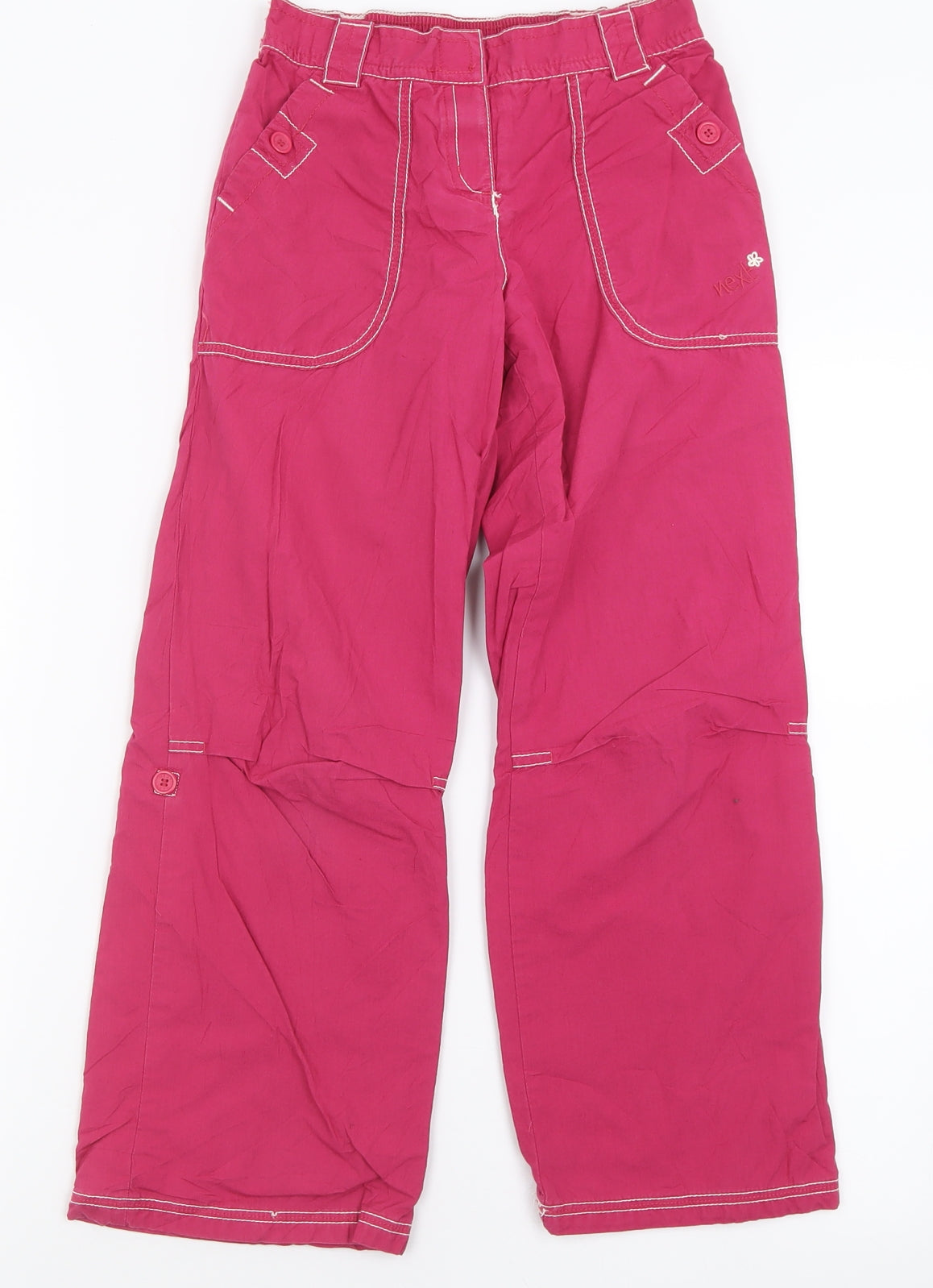 Additional front view of Next girls’ pink cotton capri trousers, size 9, months regular hook & loop