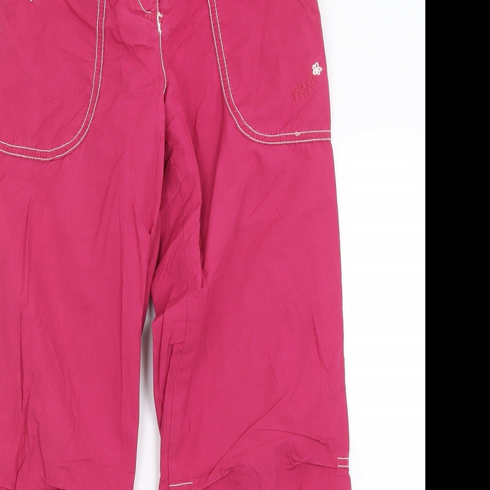 Close-up detail of Next girls’ pink cotton capri trousers, size 9, months regular hook & loop