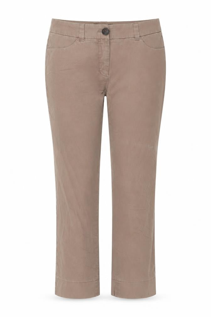 Front view of Marc Cain women’s brown cotton trousers, size UK 30, in, 26-inch leg regular button