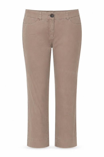 Front view of Marc Cain women’s brown cotton trousers, size UK 30, in, 26-inch leg regular button